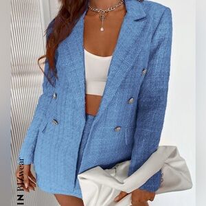 Double Button Blue Tweed Blazer